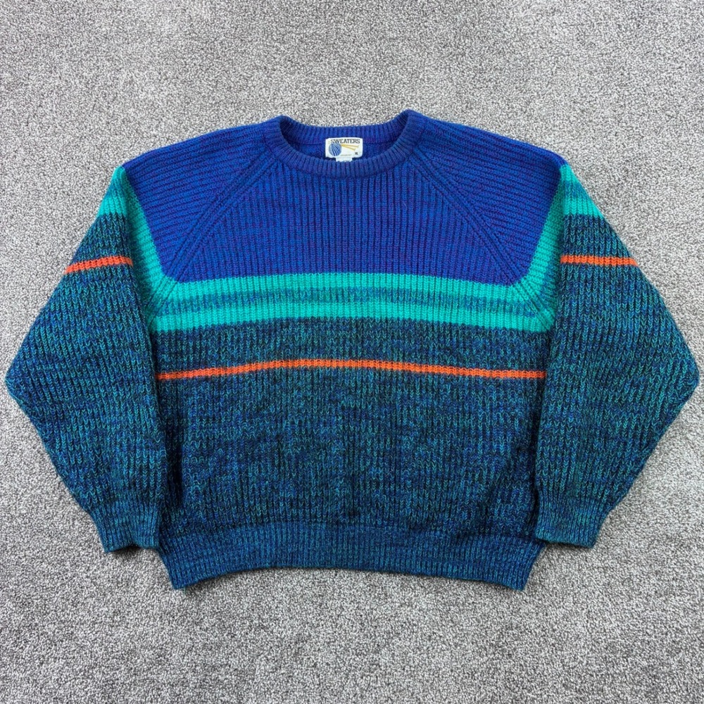 Vintage 90s Sweater Mens XL Blue Green Striped Chunky Knit Wool Blend Sweater